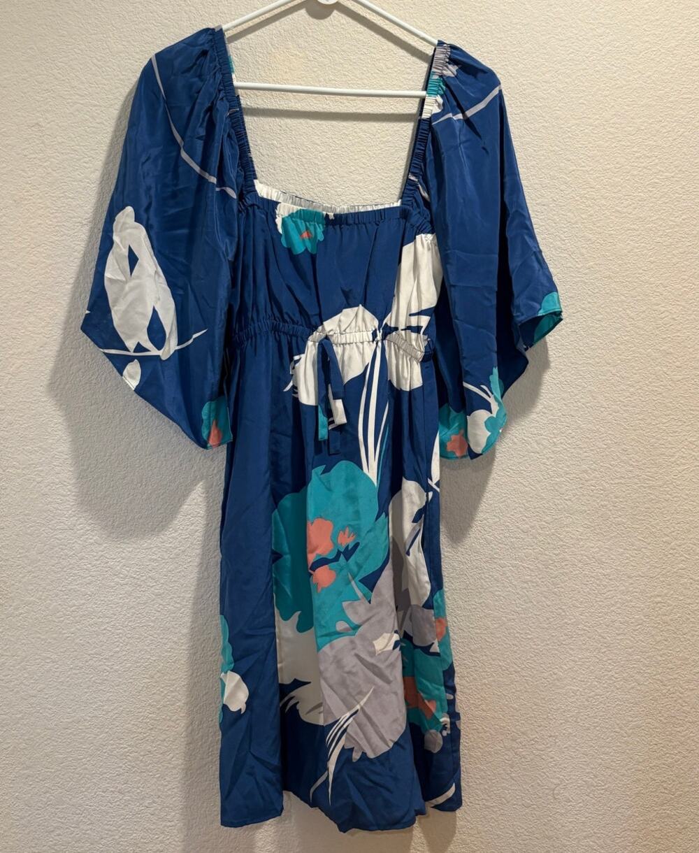 Yumi Kim Blue Floral 100% Silk 3/4 Sleeves Square Neck Mini Dress Size S